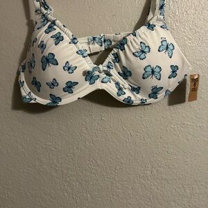 Butterfly-Print Underwire Bikini Top - White/Blue